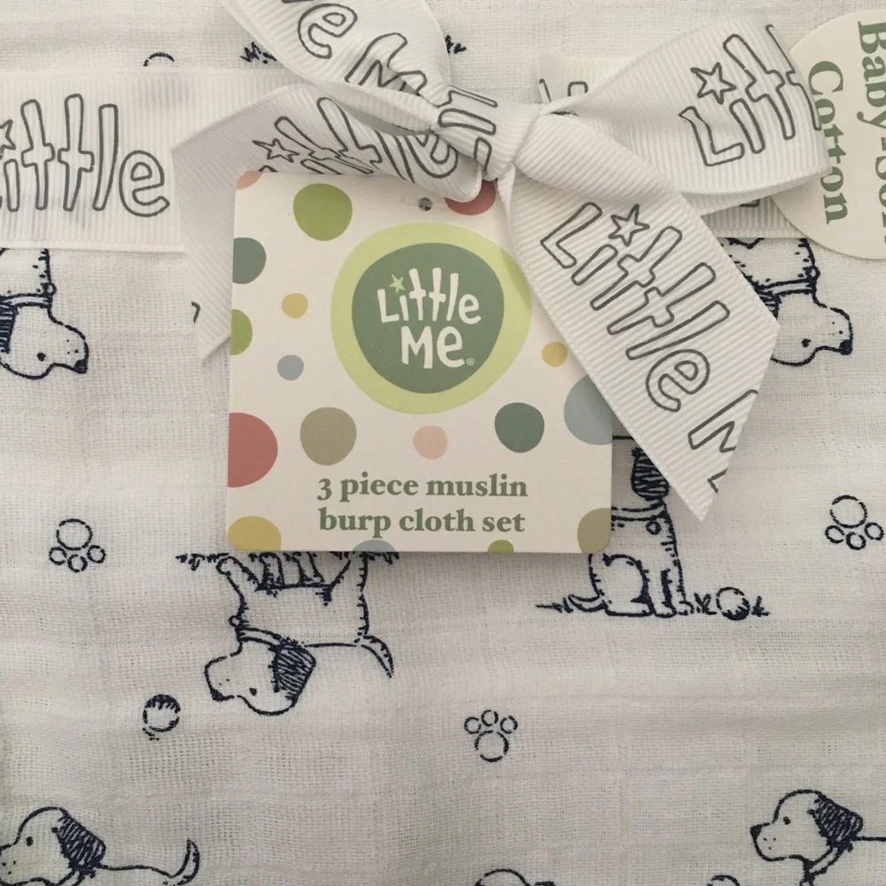 NEW 3 Cotton Muslin Burp Cloths Puppy Dogs Print Stripes Solid | Little Me